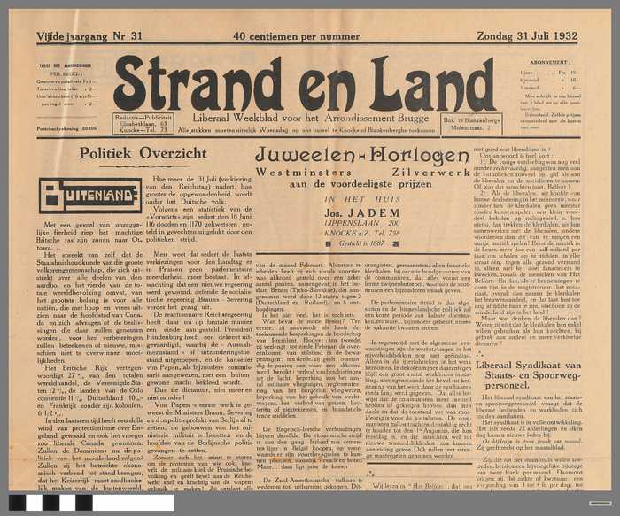 Krant: Strand en Land - liberaal weekblad voor het arrondissement Brugge - 5e jaargang nr. 31 - zondag 31 juli 1932