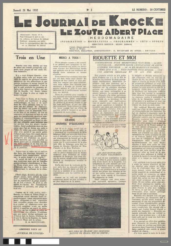 Krant: Le Journal de Knocke Le Zoute - Albert Plage - Hebdomadaire - nr 2 - samedi 28 mai 1932