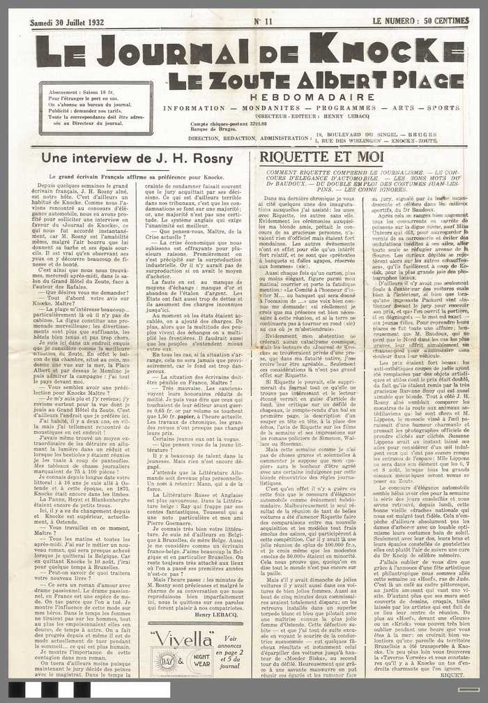 Krant: Le Journal de Knocke Le Zoute - Albert Plage - Hebdomadaire - nr 11 - samedi 30 juillet 1932