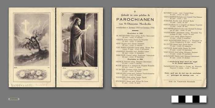 Gedenkt in uwe gebeden de Parochianen van ST. Dionysius Moerkerke overleden van kermis 1955 tot kermis 1956