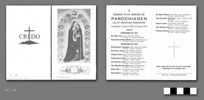 Gedenkt in uw gebeden de Parochianen van St Dionysius Moerkerke overleden van kermis 1957 tot kermis 1958