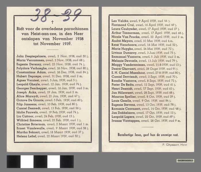Bid voor de overledene parochianen van Heist-aan-zee in den Heer ontslapen van November 1938 tot November 1939