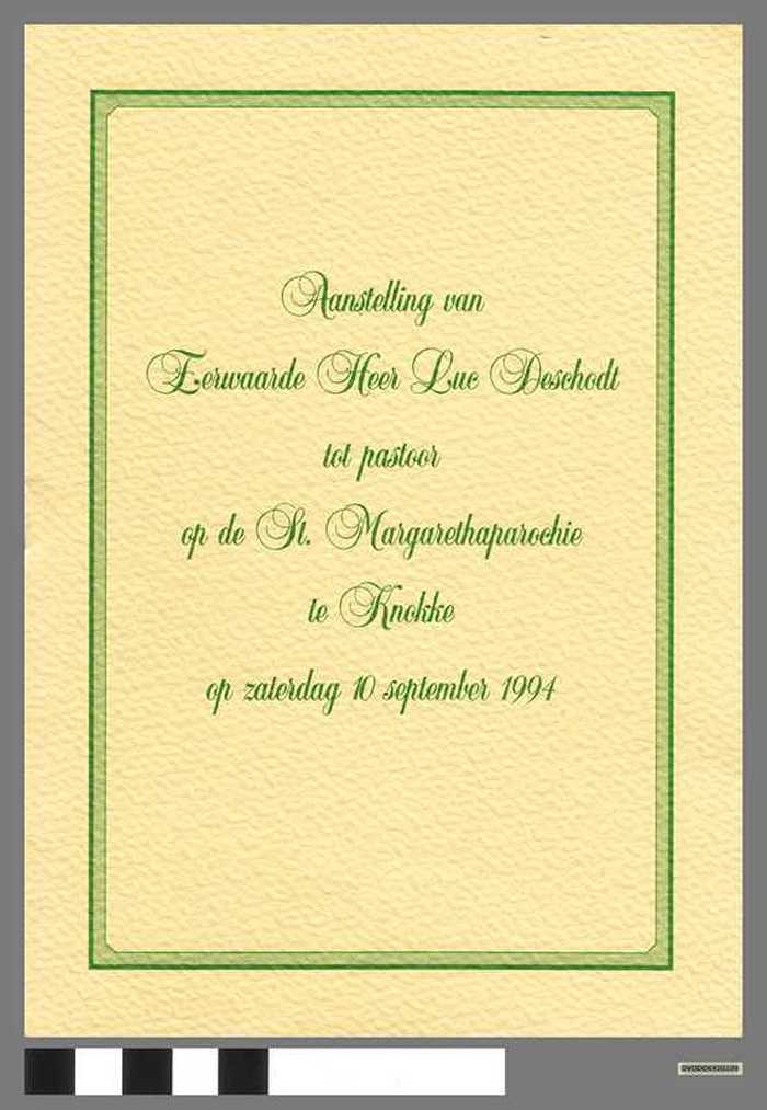 Aanstelling van Eerwaarde Heer Luc Deschodt tot pastoor op de St. Margarethaparochie te Knokke op zaterdag 10 september 1994
