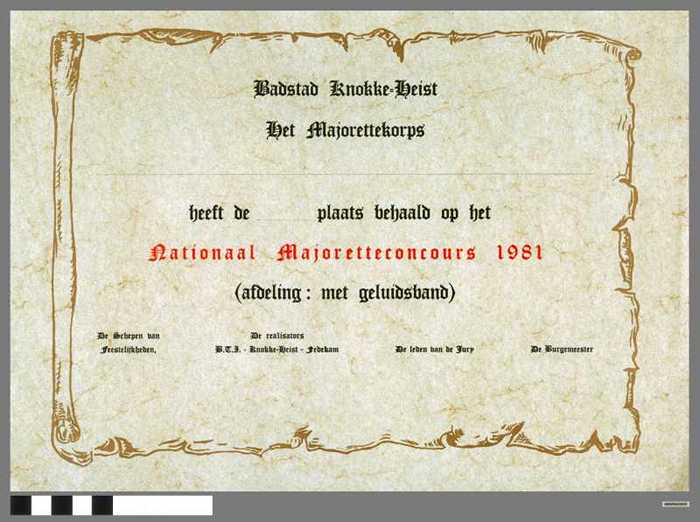 Brevet Nationaal Majoretteconcours 1981. Afdeling met geluidsband. Badstad Knokke-Heist. Het Majorettekorps. Blanco.
