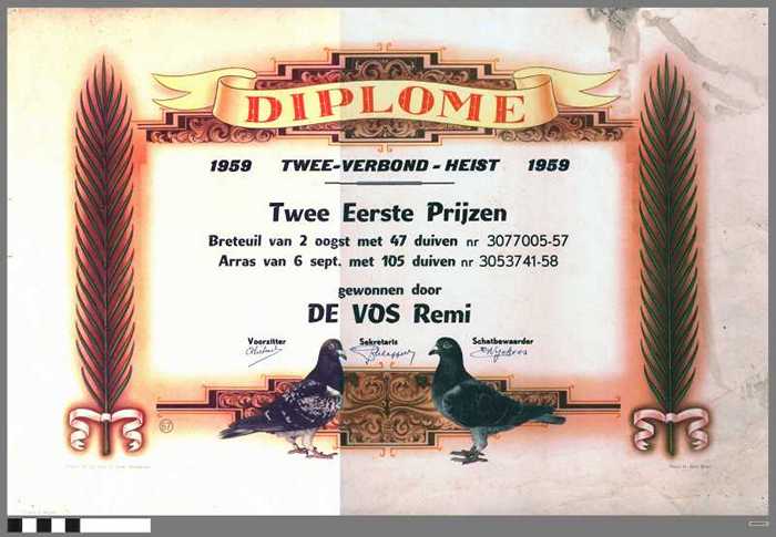 Diploma 1959 Twee Eerste Prijzen - De Vos Remi.