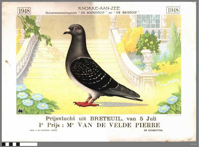 Diploma 1948 Prijsvlucht uit Breteuil, van 5 Juli 1e Prijs: Mr Van De Velde Pierre.