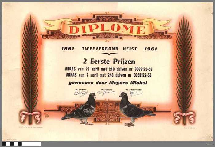 Diploma twee eerste prijzen. Eerste vlucht uit Arras op 7 april 1961.Tweede vlucht uit Arras op 23 april 1961. Gewonnen door Meyers Michel.