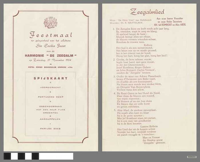 Feestmaal Ste Cecilia Feest Harmonie 'De Zeegalm' - 1954