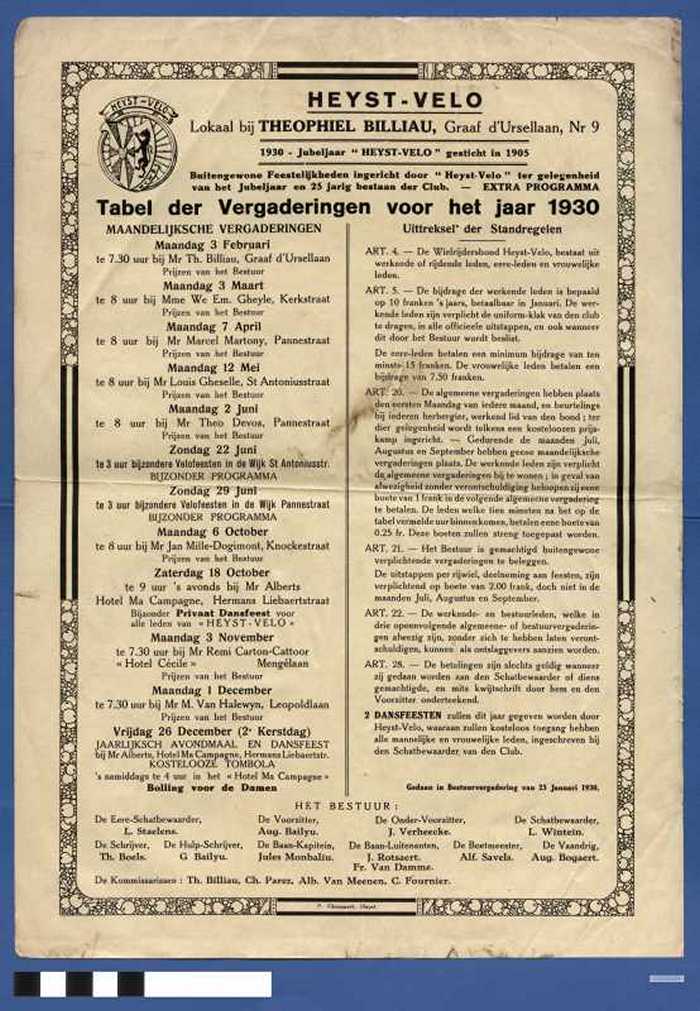 Heyst - Velo- Tabel der Vergaderingen voor het jaar 1930