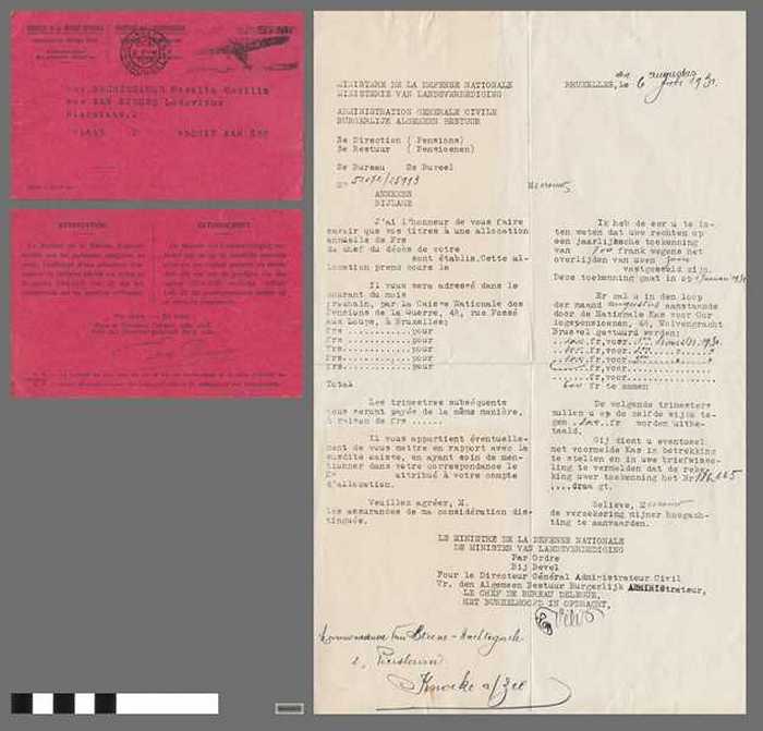 Brief  en getuigschrift van het Ministerie van Landsverdediging - Compensatie oorlogsslachtoffers WOI  aan Wed. Van Steene-Nachtegaele Lodevikus