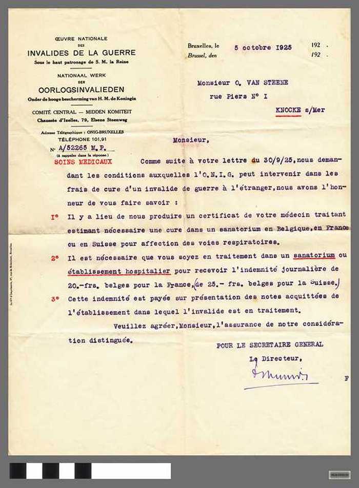 Brief van het Nationaal werk der Oorlogsinvalieden aan Van Steene Oscar betreffende een opname in een sanatorium