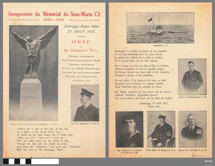 Folder en menukaart - Inauguration de Mémorial de Sous-Marin C3 - 1918-1927