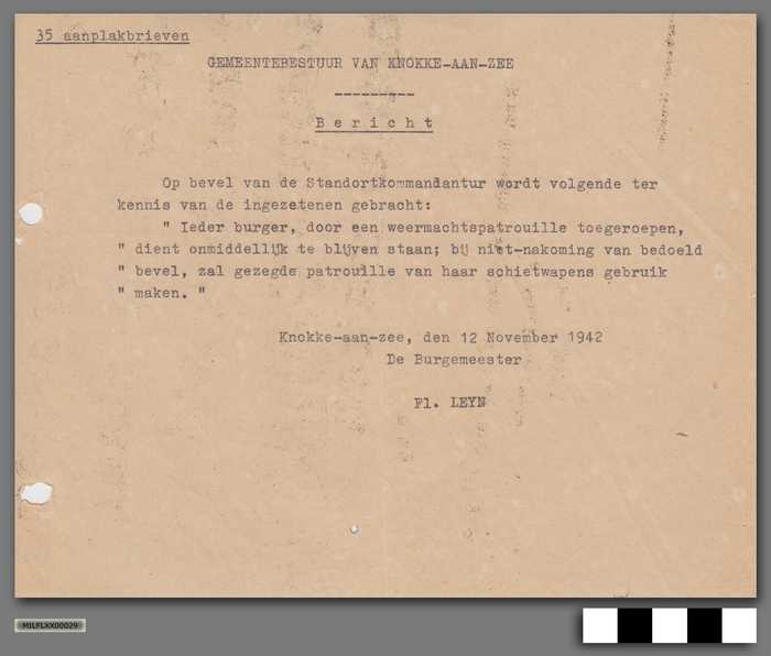 Gemeentebestuur van Knokke-aan-zee - Bericht - 12 novemer 1942