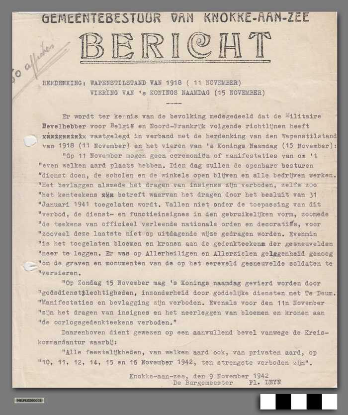 Gemeentebestuur van Knokke-aan-zee - Bericht - 9 november 1942