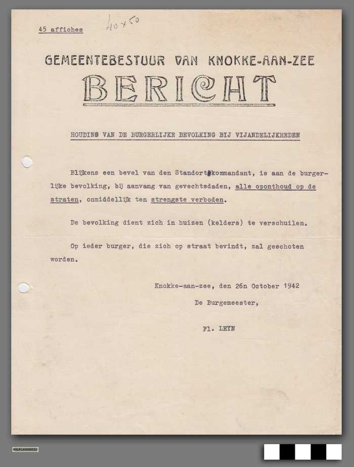 Gemeentebestuur van Knokke-aan-zee - Bericht - Houding van de burgerlijke bevolking bij vijandelijkheden - 26 oktober 1942