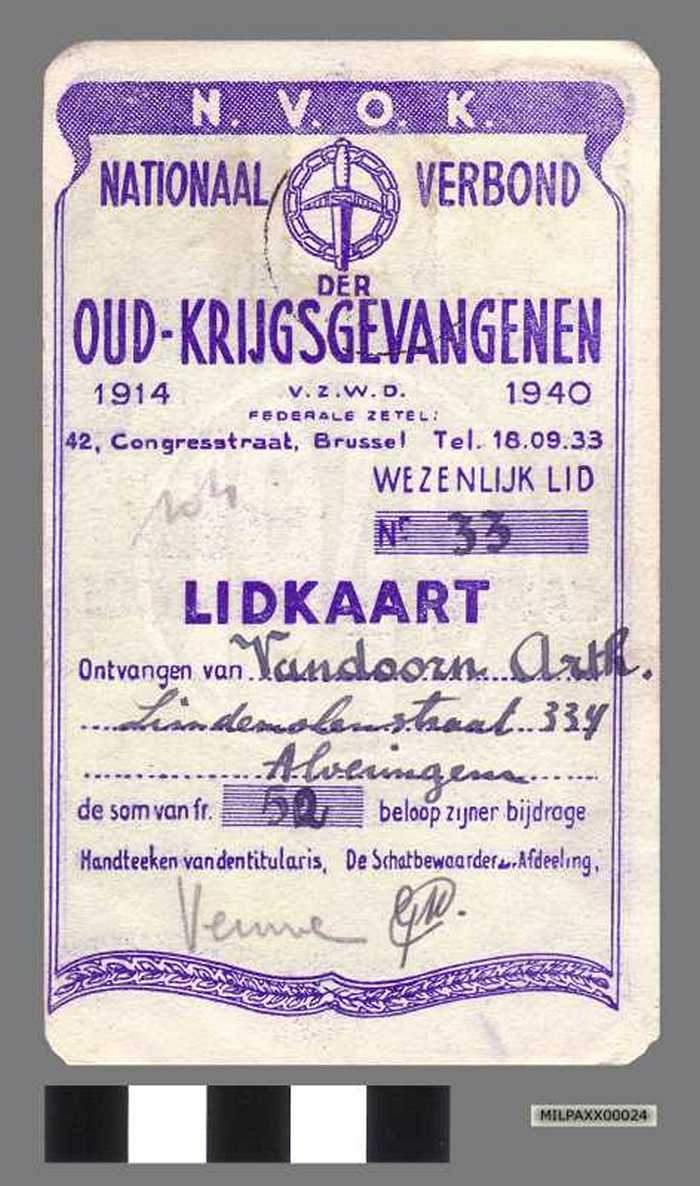 Lidkaart Nr. 33 van het Nationaal Verbond Oud-Krijgsgevangenen 1914 - 1940 - Vandoorn Arthur