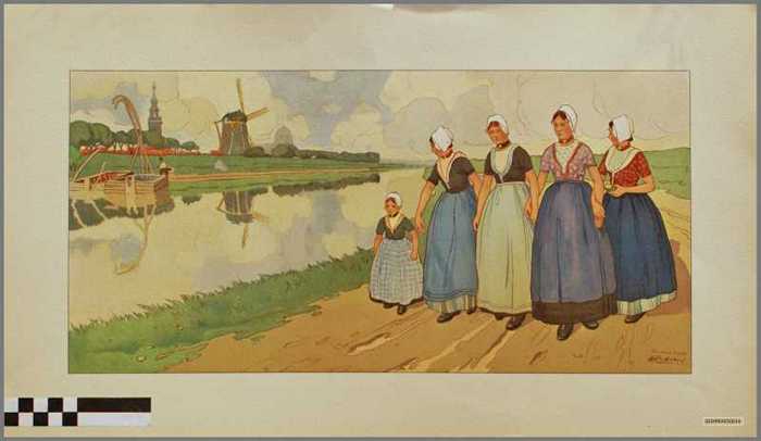 Vier vrouwen met meisje langs rivier met zicht op dorp