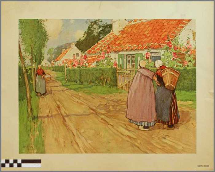 Drie vrouwen langs dorpweg