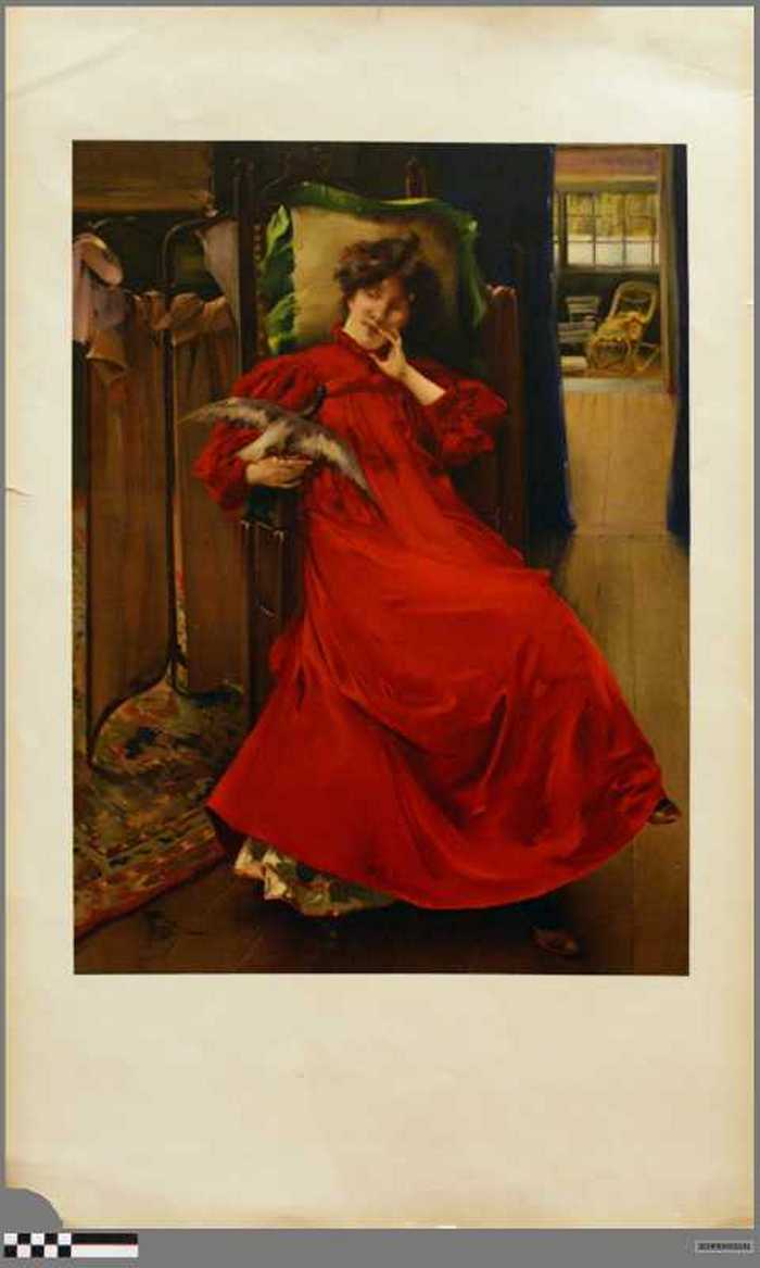 Vrouw in rode jurk met vogel