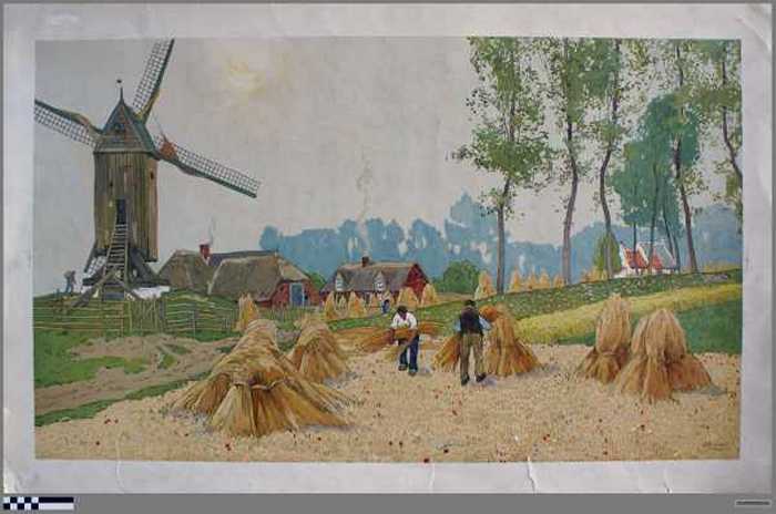 Landwerkers bij de molen. Prent Henri Cassiers (zonder titel).