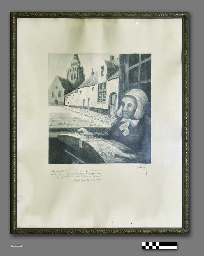 Pentekening van Sabbe: Kantklosster bij open raam