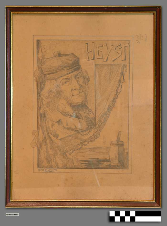 Tekening van Heyst met afbeelding van man met pet, vissersschuit, visnet en paander