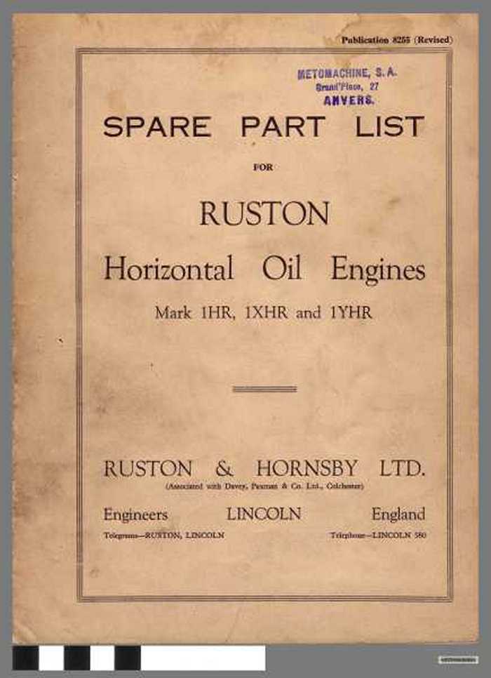 Spare Part List For Ruston. Horizontal Oil Engines. Mark 1HR, 1XHR and 1 YHR.