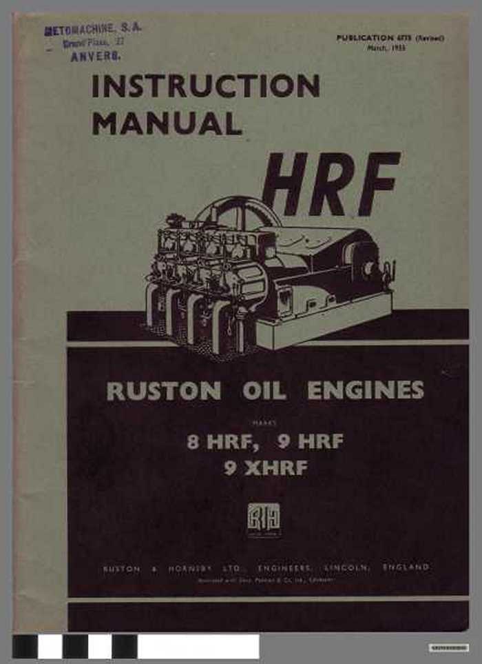Instruction Manual HRF Ruston Oil Engines, marks 8 HRF, 9 HRF, 9 XHRF.