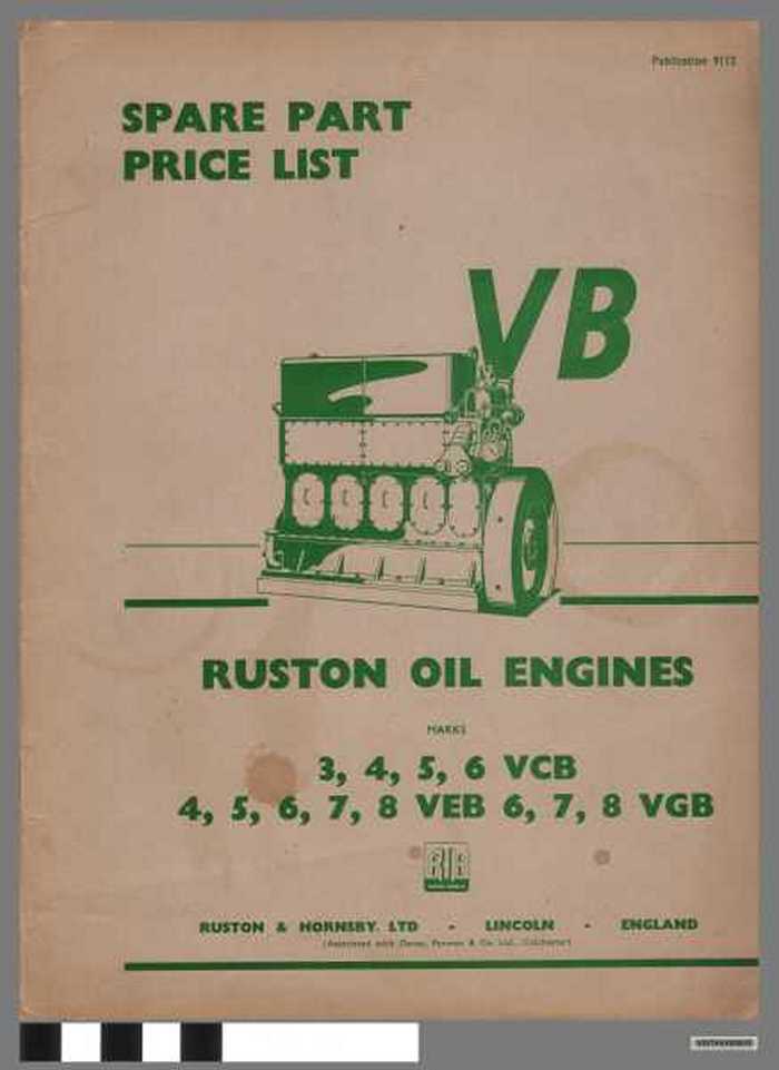 Spare Part Price List VB Ruston Oil Engines Marks 3,4,5,6 VCB. 4,5,6,7,8 VEB. 6,7,8 VGB
