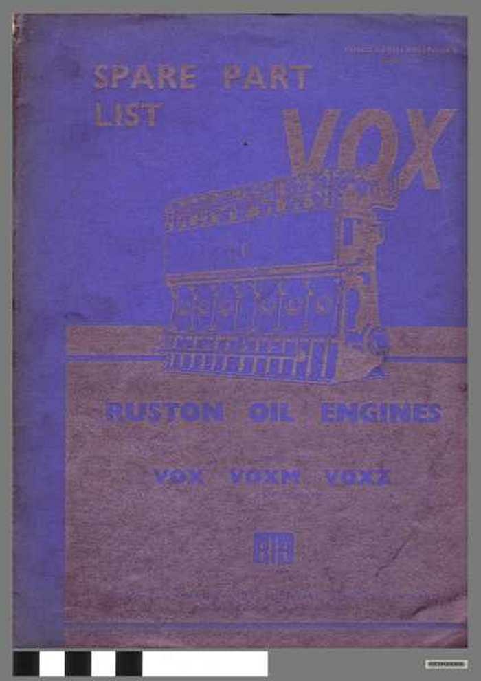 Spare Part List VOX Ruston Oil Engines marks VOX, VOXM, VOXZ, 5,6,7,8 & 9 cylinders.