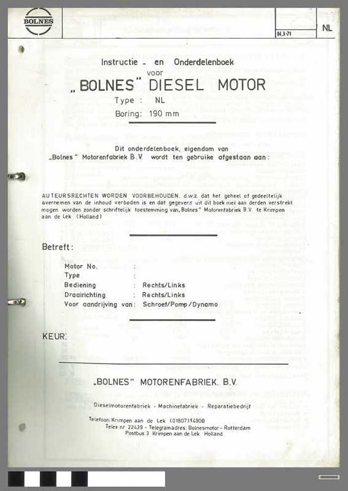 Bolnes Diesel Motor - Instructie en Onderdelenboek