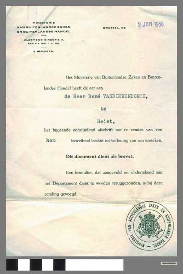 Brief Brevet Gouden medaille Kroonorde René Vandienrendonck.