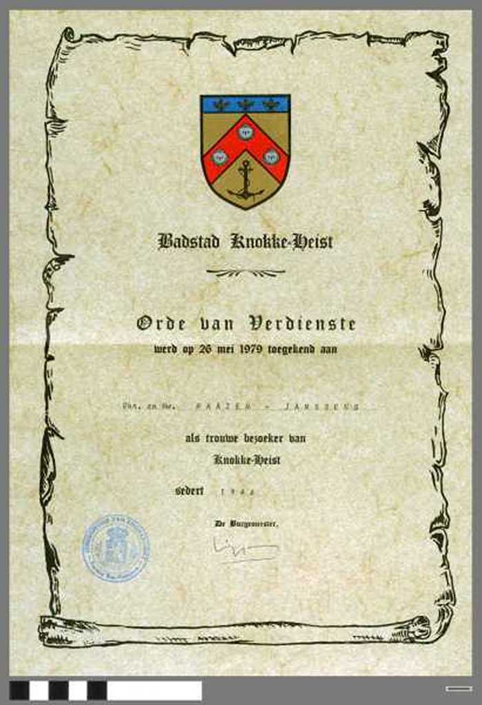 Brevet Badstad Knokke-Heist. Orde van Verdienste.