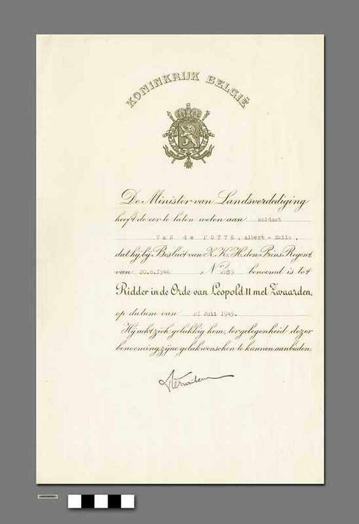 Benoeming tot Ridder in de Leopold II Orde met Zwaarden - Van De Putte Albert