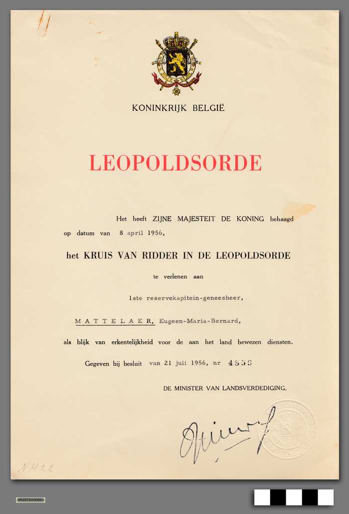 Het Kruis van Ridder in de Leopoldsorde verleent aan 1ste reservekapitien-geneesheer Mattelaer, Eugeen-Maria-Bernard