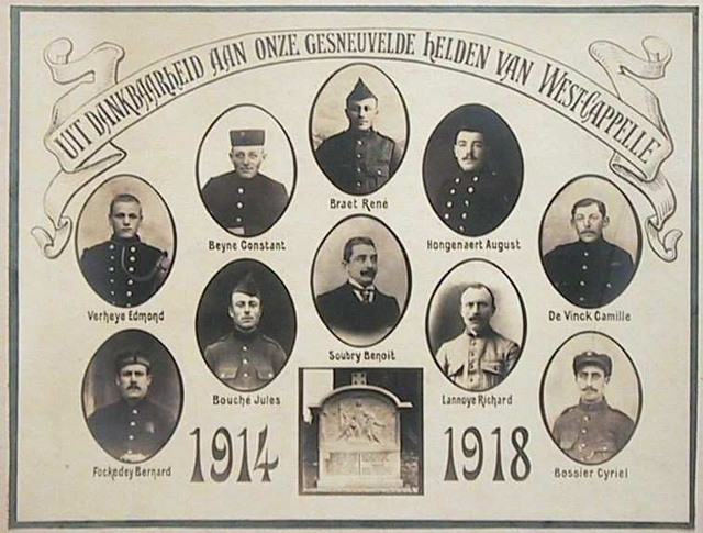 De tien gesneuvelde militairen uit Westkapelle, 1914-1918; vervaardiger: A. Watteyne, Potterierei, 46 Brugge - © Collectie Museum Sincfala, Knokke-Heist